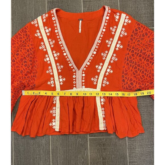 Free People Blouse boogie all night Size XS Crop top Embroidery Lace Red V Neck - Picture 7 of 16